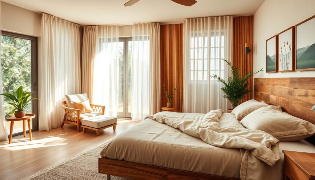 A serene eco-friendly bedroom featuring sustainable materials, with a warm, inviting atmosphere. In the foreground, a beautifully crafted wooden bed made from reclaimed wood, dressed with organic cotton linens in soft earth tones. To one side, a cozy armchair upholstered in natural fibers, paired with a small, potted plant on a handcrafted side table. The middle ground showcases a large window draped with sheer, eco-friendly curtains, allowing bright, soft sunlight to flood the space and illuminate the natural textures. In the background, a wooden accent wall made from bamboo slats, complemented by calming artwork depicting nature. The overall mood is peaceful and harmonious, promoting a sense of comfort and connection to nature. Shot with a wide-angle lens to capture the room's depth and airy quality.