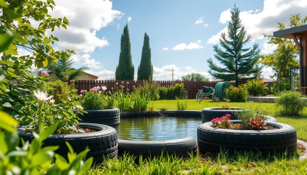 A serene eco-friendly tire pond nestled in a lush backyard, featuring vibrant greenery and colorful flowers framing the edges. In the foreground, several repurposed tires serve as planters filled with blooming herbs and succulents, their organic shapes adding a whimsical touch. The middle ground showcases the tranquil water surface of the pond, reflecting the bright blue sky and soft white clouds, with gentle ripples from a subtle breeze. In the background, a few tall trees provide dappled shade, creating a cooling effect. The scene is bathed in warm, soft sunlight, enhancing the inviting atmosphere. The angle is slightly elevated, allowing for a comprehensive view of this sustainable water feature in an idyllic backyard setting, evoking a sense of relaxation and harmony with nature.