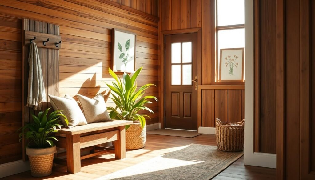 A serene entryway design featuring warm wood accents that evoke a natural feel. In the foreground, a rustic wooden bench adorned with decorative cushions sits next to a stylish coat rack made of reclaimed wood, showcasing its rich texture. The middle layer includes a vivid green potted plant flanking the bench, providing a touch of nature, while a woven basket with shoes complements the space. In the background, soft, bright natural light filters through large windows, illuminating a wall adorned with wooden paneling and framed botanical art. The atmosphere is inviting and harmonious, enhanced by the soft sunlight casting gentle shadows. The scene is captured with a wide-angle lens for a spacious feel, emphasizing the organic beauty of the wood elements in a well-organized, airy entryway.