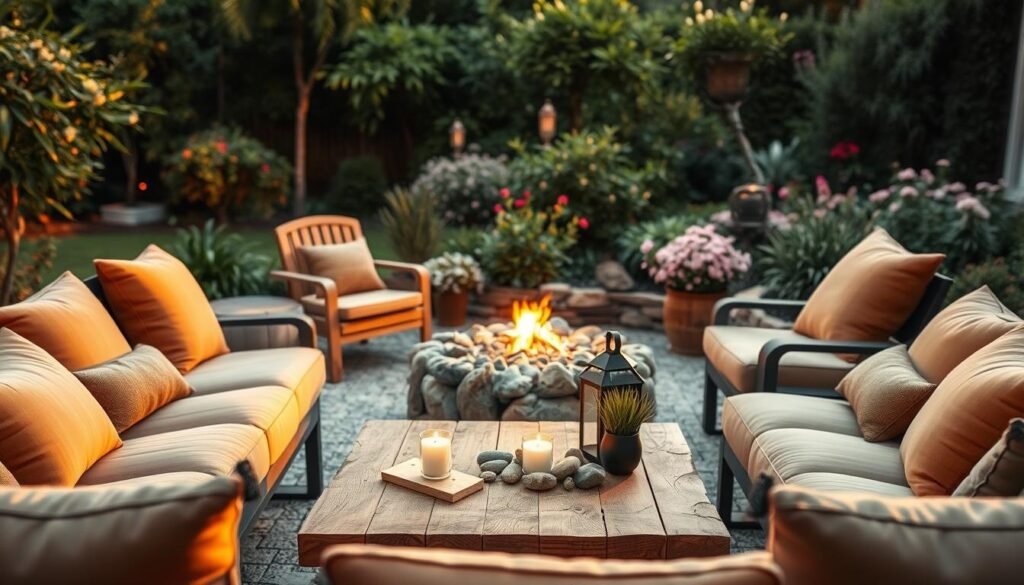 A serene evening relaxation space in a beautifully landscaped backyard. In the foreground, a comfortable seating area featuring plush, outdoor cushions in warm, earthy tones, arranged around a rustic wooden coffee table adorned with a few candles and small potted plants. In the middle, a gentle fire pit surrounded by smooth stones provides a cozy focal point, with a couple of stylish lanterns casting soft light. The background showcases lush greenery and some flowering plants, illuminated by the gentle glow of twilight. The scene is bathed in soft, warm sunlight, creating a tranquil atmosphere. Capture this moment from a slightly elevated angle to emphasize the inviting layout of the space, evoking feelings of comfort and relaxation, perfect for winding down as the day transitions to night.