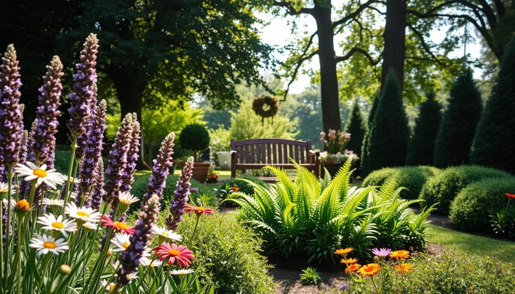A serene garden environment featuring a harmonious blend of colorful flowers, lush greenery, and neatly arranged shrubs. In the foreground, vibrant blossoms such as daisies and lavender sway gently in the soft breeze. The middle ground showcases an inviting wooden bench, surrounded by ferns and potted plants, creating a perfect spot for relaxation. In the background, tall trees provide dappled shade, their leaves filtering the bright, natural sunlight. The scene is bathed in soft sunlight, enhancing the tranquil atmosphere. The angle captures a slightly elevated view, emphasizing the layering of plants and the peaceful layout. This idyllic setting radiates calmness and serenity, perfect for a peaceful garden retreat.