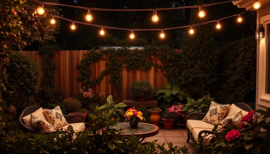 A serene garden illuminated by soft, ambient lighting in the evening. In the foreground, a cozy seating area with elegant outdoor furniture, adorned with decorative cushions, surrounded by lush greenery. String lights dangle above, casting a warm glow that softly highlights the plants and flowers. In the middle ground, various potted plants and flower beds create a sense of depth, their colors muted and inviting under the gentle light. In the background, a wooden fence partially obscured by climbing vines adds a touch of privacy. The mood is tranquil yet slightly somber, emphasizing how poor lighting can make the space feel unwelcoming. Capture this scene with a soft focus lens, highlighting the contrast between shadow and light, showcasing a peaceful retreat that lacks warmth. A serene garden illuminated by soft, ambient lighting in the evening. In the foreground, a cozy seating area with elegant outdoor furniture, adorned with decorative cushions, surrounded by lush greenery. String lights dangle above, casting a warm glow that softly highlights the plants and flowers. In the middle ground, various potted plants and flower beds create a sense of depth, their colors muted and inviting under the gentle light. In the background, a wooden fence partially obscured by climbing vines adds a touch of privacy. The mood is tranquil yet slightly somber, emphasizing how poor lighting can make the space feel unwelcoming. Capture this scene with a soft focus lens, highlighting the contrast between shadow and light, showcasing a peaceful retreat that lacks warmth.