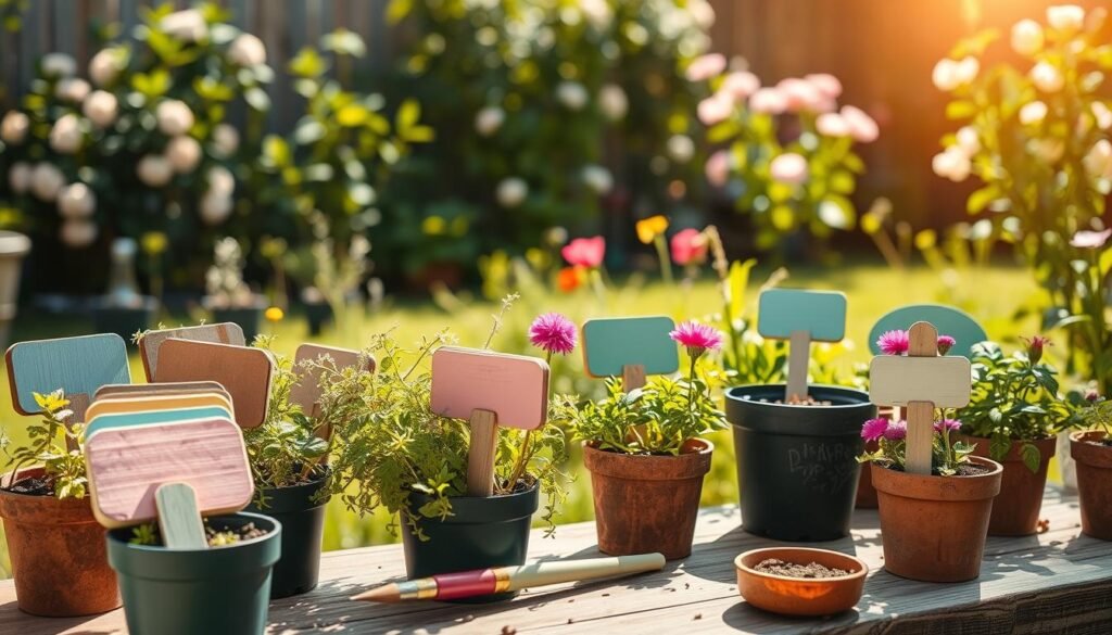 A serene garden scene showcasing various DIY plant labels in a bright, sunlit backyard. In the foreground, a collection of creatively crafted labels made from reclaimed wood, painted in pastel colors, are gently placed in pots filled with vibrant herbs and flowers. In the middle ground, a rustic wooden garden table holds additional tools like a paintbrush and a small pot of soil, suggesting an ongoing crafting session. The background features lush greenery with blooming plants under soft, natural sunlight, casting gentle shadows that create a warm and inviting atmosphere. The image captures a sense of organization and creativity, ideal for promoting an engaging gardening experience. A serene garden scene showcasing various DIY plant labels in a bright, sunlit backyard. In the foreground, a collection of creatively crafted labels made from reclaimed wood, painted in pastel colors, are gently placed in pots filled with vibrant herbs and flowers. In the middle ground, a rustic wooden garden table holds additional tools like a paintbrush and a small pot of soil, suggesting an ongoing crafting session. The background features lush greenery with blooming plants under soft, natural sunlight, casting gentle shadows that create a warm and inviting atmosphere. The image captures a sense of organization and creativity, ideal for promoting an engaging gardening experience.
