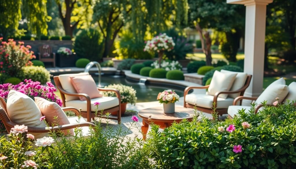 A serene garden seating area designed for relaxation. In the foreground, a cozy, inviting arrangement of plush outdoor chairs with soft cushions in pastel colors, accompanied by a rustic wooden coffee table adorned with fresh flowers. The middle ground showcases a vibrant array of greenery, including flowering plants and neatly trimmed shrubs, adding life and color. In the background, a peaceful setting with a gently flowing water feature and lush trees, dappled sunlight filtering through the leaves, creating a warm and inviting atmosphere. The scene is captured in soft natural light, evoking tranquility and comfort, shot from a slightly elevated angle to encompass the full beauty of the area. A serene garden seating area designed for relaxation. In the foreground, a cozy, inviting arrangement of plush outdoor chairs with soft cushions in pastel colors, accompanied by a rustic wooden coffee table adorned with fresh flowers. The middle ground showcases a vibrant array of greenery, including flowering plants and neatly trimmed shrubs, adding life and color. In the background, a peaceful setting with a gently flowing water feature and lush trees, dappled sunlight filtering through the leaves, creating a warm and inviting atmosphere. The scene is captured in soft natural light, evoking tranquility and comfort, shot from a slightly elevated angle to encompass the full beauty of the area.