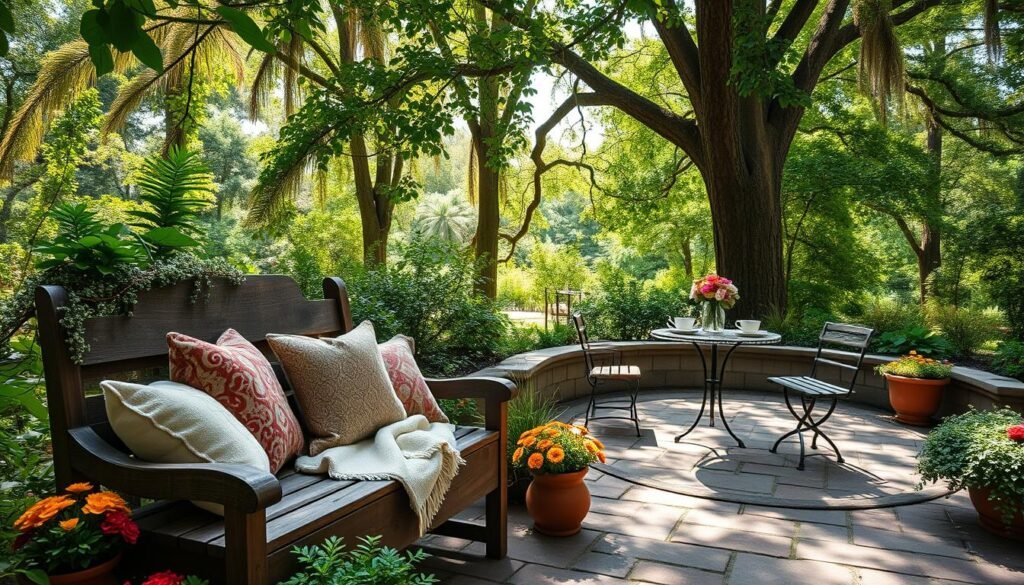 A serene garden setting featuring cozy seating areas that invite relaxation. In the foreground, a rustic wooden bench adorned with plush, patterned cushions and a soft throw, surrounded by colorful potted plants. In the middle ground, a circular stone patio with a charming bistro table set for two, complete with delicate tea cups and a small vase of fresh flowers. The background reveals lush greenery and tall trees providing dappled shade, with soft rays of sunlight filtering through leaves, creating a warm, inviting atmosphere. The image should capture a peaceful, inviting mood, evoking comfort and tranquility, with bright natural light illuminating the scene from a slightly elevated angle to enhance depth.