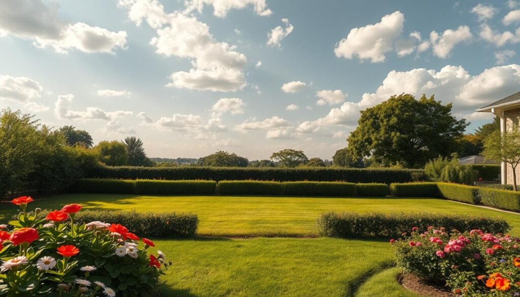 A serene garden setting illustrating a spacious backyard lacking vertical elements, creating an uncomfortable flatness. In the foreground, well-maintained flower beds with vibrant blooms and lush greenery, inviting but devoid of height. The middle ground features low hedges and a neatly trimmed lawn, emphasizing the expansive horizontal space. In the background, an open sky with scattered fluffy clouds, enhancing the feeling of openness. Soft, warm sunlight filters through, casting gentle shadows that add dimension but still evoke a sense of emptiness. The atmosphere is calm yet slightly disconcerting, reflecting the lack of visual vertical interest. The image captures the essence of unstructured outdoor space, showcasing realistic home décor in natural settings. Use a wide-angle lens to emphasize the layout and enhance depth perception. A serene garden setting illustrating a spacious backyard lacking vertical elements, creating an uncomfortable flatness. In the foreground, well-maintained flower beds with vibrant blooms and lush greenery, inviting but devoid of height. The middle ground features low hedges and a neatly trimmed lawn, emphasizing the expansive horizontal space. In the background, an open sky with scattered fluffy clouds, enhancing the feeling of openness. Soft, warm sunlight filters through, casting gentle shadows that add dimension but still evoke a sense of emptiness. The atmosphere is calm yet slightly disconcerting, reflecting the lack of visual vertical interest. The image captures the essence of unstructured outdoor space, showcasing realistic home décor in natural settings. Use a wide-angle lens to emphasize the layout and enhance depth perception.