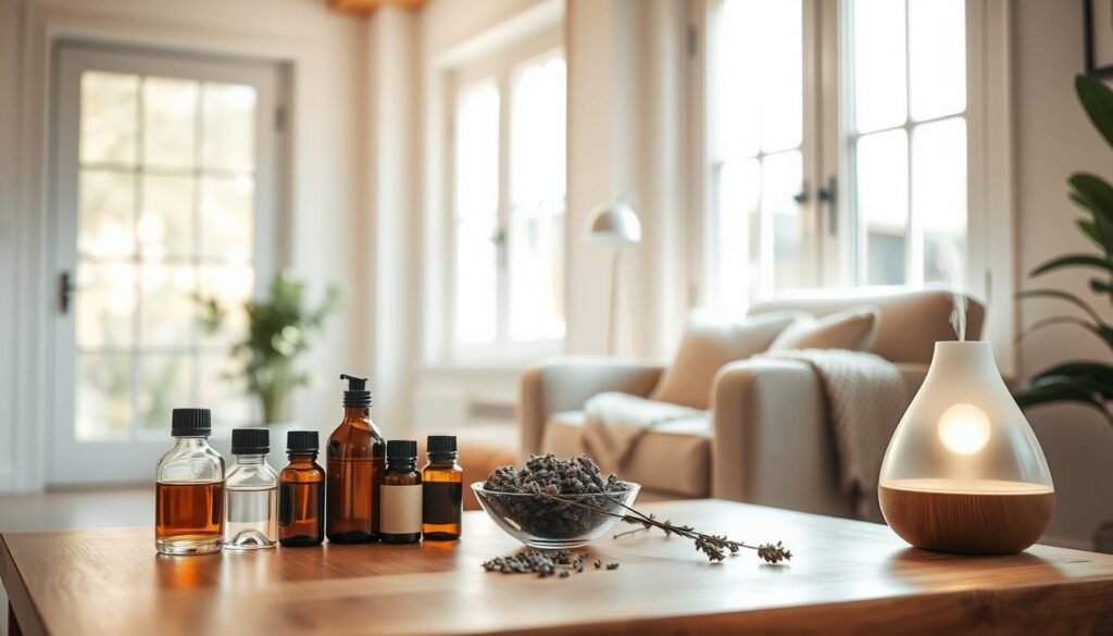 A serene home interior scene, showcasing a cozy corner dedicated to aromatherapy. In the foreground, a beautifully arranged wooden table holds an assortment of essential oils in elegant glass bottles, a small bowl of dried lavender, and a softly glowing diffuser emitting gentle wisps of steam. In the middle ground, a plush, neutral-toned chair invites relaxation, adorned with a knitted throw. A potted plant adds a touch of greenery. In the background, large windows allow bright natural light to flood the space, illuminating the room with warm, soft sunlight. The overall atmosphere is tranquil and inviting, evoking a sense of peace and comfort, ideal for relaxation and wellness. The scene is captured from a slightly elevated angle, focusing on the calming details of the aromatherapy setup. A serene home interior scene, showcasing a cozy corner dedicated to aromatherapy. In the foreground, a beautifully arranged wooden table holds an assortment of essential oils in elegant glass bottles, a small bowl of dried lavender, and a softly glowing diffuser emitting gentle wisps of steam. In the middle ground, a plush, neutral-toned chair invites relaxation, adorned with a knitted throw. A potted plant adds a touch of greenery. In the background, large windows allow bright natural light to flood the space, illuminating the room with warm, soft sunlight. The overall atmosphere is tranquil and inviting, evoking a sense of peace and comfort, ideal for relaxation and wellness. The scene is captured from a slightly elevated angle, focusing on the calming details of the aromatherapy setup.