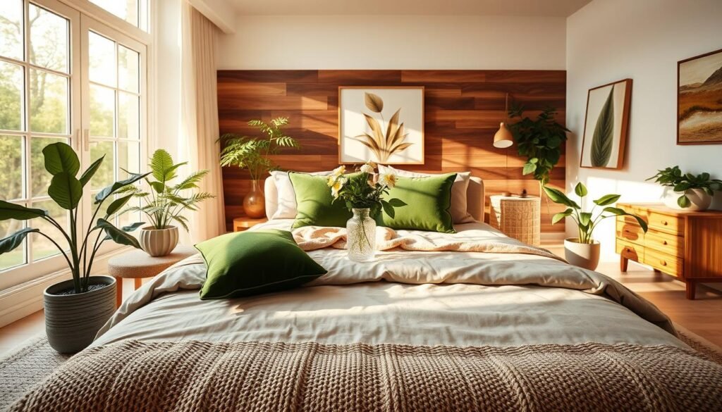 A serene indoor bedroom retreat bathed in soft, warm sunlight filtering through large, airy windows. In the foreground, a cozy king-size bed adorned with earthy-tone linens and plush, green throw pillows invites relaxation. Lush indoor plants, like ferns and peace lilies, occupy stylish pots on either side of the bed, adding a touch of nature. In the middle of the scene, a rustic wooden bedside table holds a small crystal vase with fresh wildflowers, while a soft, knitted rug anchors the space. In the background, calming natural elements like a wooden accent wall and a nature-inspired artwork complete the look. The overall atmosphere is tranquil and inviting, creating a perfect peaceful retreat for slowing down and unwinding, captured with a wide-angle lens to emphasize space and light.