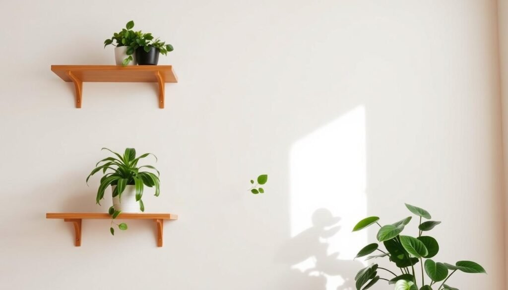 A serene indoor scene featuring minimalist plant shelving against a bright, airy wall. In the foreground, simple wooden shelves hold a curated selection of lush green plants, including a snake plant and a small fiddle leaf fig, positioned to allow ample space between each. The middle ground showcases the soft, warm glow of natural sunlight streaming through a nearby window, casting gentle shadows that enhance the tranquility of the setting. The background features a subtle, neutral-colored wall, complementing the aesthetic without distraction. This composition captures the essence of “less is more,” evoking a peaceful and balanced atmosphere ideal for a modern living space. The image should feel inviting and harmonious, with a focus on simplicity and natural beauty.