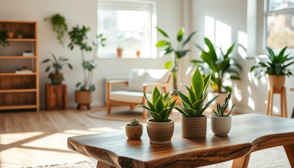 A serene indoor scene showcasing stylish wood and plant decor. In the foreground, a beautifully crafted, minimalist wooden table is adorned with a few curated potted plants, including a snake plant and a small succulent, their vibrant greens contrasting with the rich wood tones. The mid-ground features a cozy armchair made of natural materials, invitingly placed next to a large window letting in bright, soft sunlight that casts gentle shadows. In the background, a pale wall with wooden shelves holds more greenery, creating a harmonious balance of nature and design. The atmosphere is calm and intentional, evoking a sense of serenity and joy, with an emphasis on airy openness and thoughtful styling.