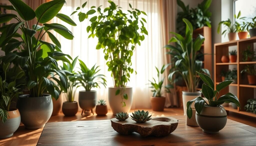 A serene indoor setting filled with a variety of lush indoor plants, such as a tall fiddle leaf fig, cascading pothos, and vibrant snake plants positioned in elegant ceramic pots. In the foreground, a rustic wooden coffee table adorned with a small succulent arrangement and a natural wood accent piece. The middle ground features a sun-drenched window with sheer curtains allowing soft sunlight to create a warm, inviting atmosphere. In the background, a glimpse of wooden shelving displays more potted plants, enhancing the natural theme. Use a warm color palette with bright and airy lighting, emphasizing the life and vibrancy of the plants while maintaining a calming and harmonious mood, captured from a slightly elevated angle to showcase depth and texture.