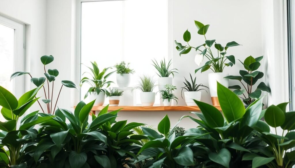 A serene indoor setting showcasing a monochromatic plant display. In the foreground, a variety of lush green plants in various shapes and sizes, all in harmonious shades of deep green and soft mint. The middle layer features a handcrafted wooden shelf, elegantly holding white ceramic pots that complement the plants, arranged in a balanced and uncluttered manner. In the background, a large window allows gentle, diffused sunlight to pour in, casting soft shadows that enhance the calm atmosphere. The overall mood is tranquil and inviting, emphasizing a sense of balance and elegance in home décor. The lens captures the scene at a slightly elevated angle, creating depth and visual interest without distractions.