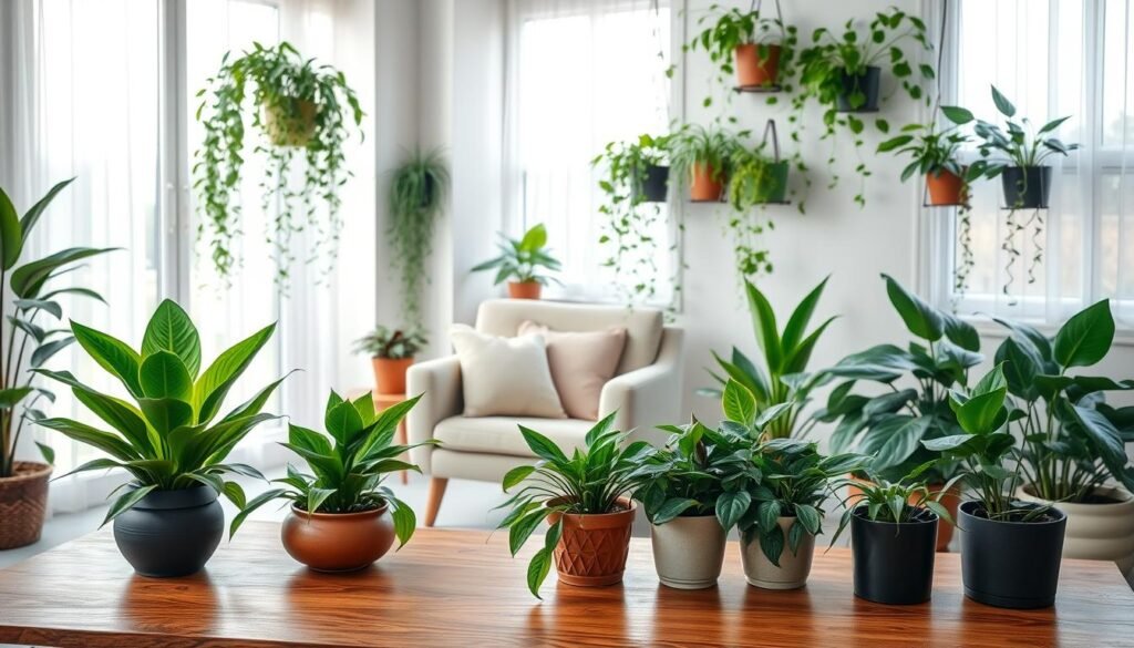 A serene indoor space featuring a harmonious arrangement of potted plants, showcasing various shades of green and subtle textures. In the foreground, a beautifully crafted wooden table holds an assortment of vibrant plants, such as peace lilies and snake plants, arranged artfully. The middle ground consists of a cozy armchair with soft cushions, surrounded by cascading vines draping elegantly from wall-mounted planters. In the background, large windows let in bright, natural light, creating an airy atmosphere enhanced by gentle sunlight filtering through sheer curtains. The scene conveys tranquility, with a minimalist aesthetic that invites calmness and a sense of balance, perfect for a harmonious living space.