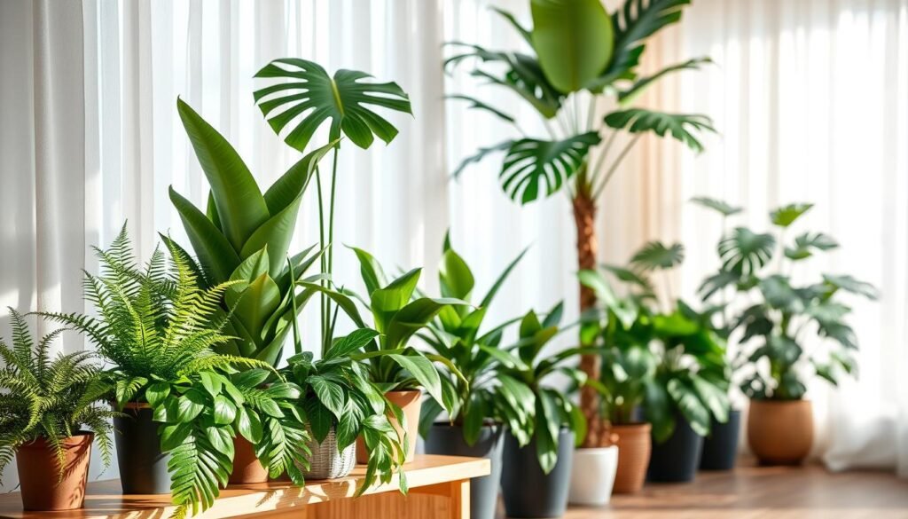 A serene indoor space showcasing rhythmic repetition in plant arrangements, featuring a series of potted plants with varying heights and textures arranged in a harmonious line. In the foreground, lush greenery such as ferns and snake plants are artistically placed on a wooden shelf, while the middle ground displays larger floor plants like rubber trees and monstera, all positioned thoughtfully for balance. The background is softly blurred, depicting natural light filtering through sheer curtains, creating a warm and inviting atmosphere. The soft sunlight highlights the leaves, emphasizing their vivid colors and intricate patterns. The composition conveys tranquility and ease, enhancing the idea of balanced living with plants in a cozy, stylish home setting.