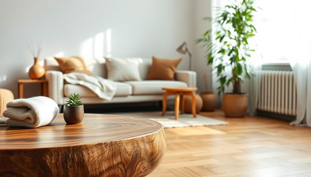 A serene interior design scene showcasing a harmonious blend of natural elements. In the foreground, a beautifully crafted wooden coffee table is adorned with a small potted plant and a softly folded cotton throw. The middle ground features a cozy seating area with a light-colored, textured sofa adorned with earth-toned cushions, accompanied by a wooden side table. A tall, lush indoor plant stands nearby, its leaves gently reaching towards a window. In the background, soft natural light streams in through sheer curtains, illuminating warm wooden flooring and creating a bright, airy atmosphere. The overall mood is peaceful and inviting, embodying nature-inspired tranquility, perfect for a quiet retreat. The image captures the essence of intentional design, blending comfort with elegance.