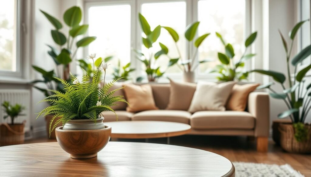 A serene interior landscape showcasing natural elements to soften a cold room. In the foreground, a beautifully crafted wooden coffee table adorned with a small pot of vibrant green ferns and delicate white flowers. The middle features a cozy seating area with plush cushions in earthy tones, surrounded by tall indoor plants like rubber trees and peace lilies that reach towards the ceiling. The background highlights large windows, allowing soft, diffused sunlight to filter in, enhancing the warm atmosphere. The overall composition is airy and well-lit, creating a tranquil and inviting mood. Emphasize a realistic home décor style with attention to texture and natural light, capturing the essence of comforting nature indoors.