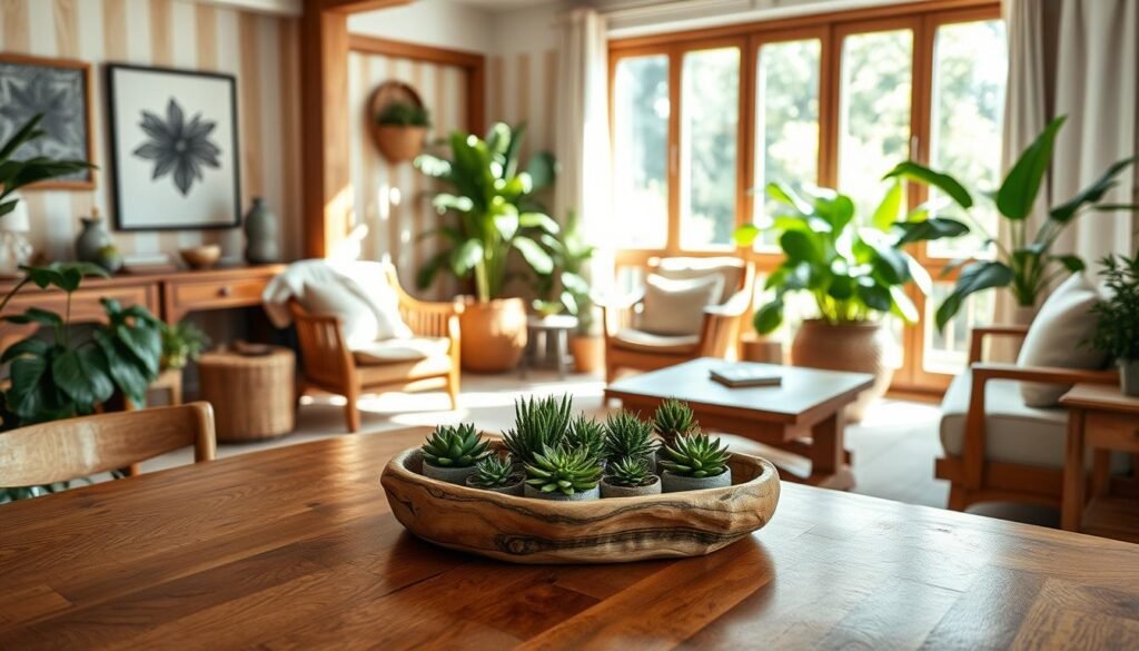 A serene interior scene showcasing timeless natural decor ideas, featuring elegantly crafted wooden furniture paired with an array of vibrant green plants. In the foreground, a beautifully polished wooden dining table holds a small, rustic centerpiece of potted succulents. The middle ground showcases a cozy seating area with comfortable chairs draped in soft, neutral fabrics and a large leafy plant in a woven basket. In the background, bright, natural light floods through a large window, casting soft shadows and illuminating the warm wood tones. The atmosphere is inviting and peaceful, evoking a sense of harmony with nature. The image should have a high-resolution, realistic style, capturing intricate details in the wood grain and the lush textures of the foliage. Lens effect should emphasize depth, creating a warm, airy ambiance.