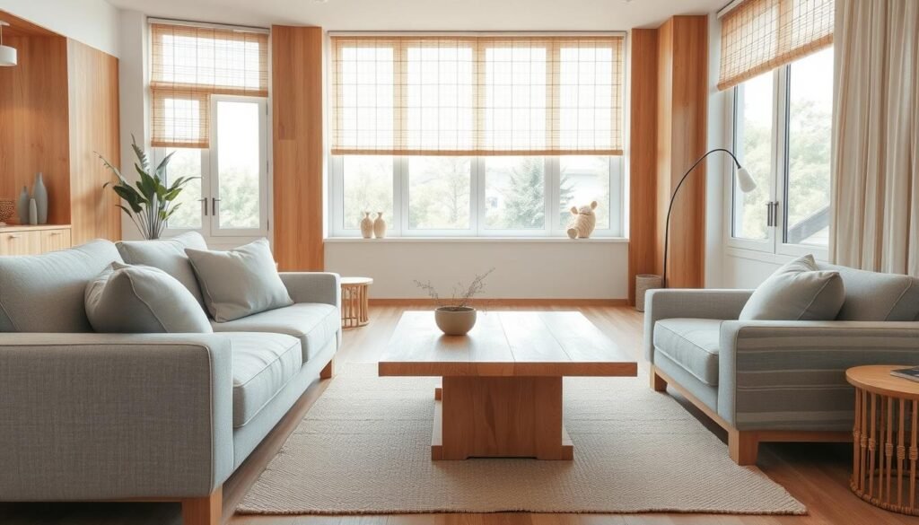 A serene living room design featuring natural wood accents, with a cozy arrangement of soft, neutral-colored furniture. The foreground showcases a plush, light gray sofa adorned with subtle, earthy-toned cushions, paired with a natural wood coffee table that reflects organic textures. In the middle, a tasteful area rug sits beneath the table, adding warmth to the space. A delicate indoor plant adds a hint of greenery, enhancing the calm atmosphere. The background reveals large windows that let in bright, soft sunlight, illuminating the airy room. Light bamboo shades filter the sunlight, creating a soothing effect. The image should evoke tranquility and harmony, with a focus on natural elements and a well-balanced layout. The lighting should be bright yet soft, capturing the essence of a peaceful retreat.