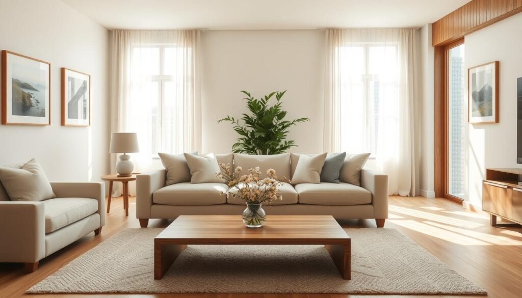 A serene living room design that evokes a sense of calm. In the foreground, a plush, comfortable beige sofa adorned with soft, pastel-colored cushions invites relaxation. A sleek wooden coffee table rests in front, featuring a simple vase with fresh flowers. In the middle, a cozy area rug lies beneath, emphasizing warmth. The walls are painted in soft, neutral tones, complemented by natural wood accents and framed artwork that reflects nature. Tall windows let in bright, airy sunlight, creating a peaceful ambiance while sheer curtains flutter gently in the breeze. A tall, green potted plant is positioned in the corner, enhancing the tranquil atmosphere. The overall mood is inviting and restful, captured through bright, soft lighting and a wide-angle perspective, emphasizing an open, spacious layout that feels effortless yet harmonious.