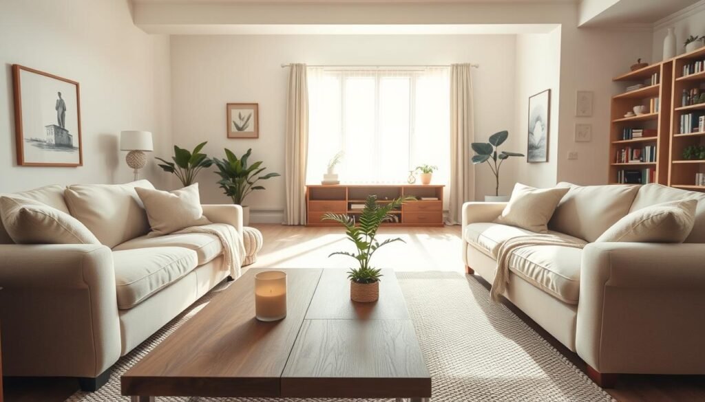 A serene living room designed for comfort and tranquility, featuring soft, neutral tones with plush furniture like a large beige sofa and oversized armchairs adorned with inviting throw pillows. In the foreground, a wooden coffee table holds a few artfully arranged houseplants and a calming scented candle. The middle ground showcases a large, airy window that lets in bright natural light, draping the space in soft sunlight and creating long, gentle shadows. A light, woven area rug adds warmth underfoot. In the background, tasteful artwork and shelves filled with books provide a cozy atmosphere. The room feels harmonious and inviting, embodying a peaceful sanctuary perfect for relaxation. Capture this scene with a slightly elevated angle to emphasize depth and spaciousness.