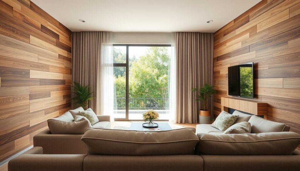 A serene living room featuring stylish wood wall treatments, showcasing a mix of horizontal and vertical wood panels in light oak and walnut finishes. In the foreground, plush, neutral-colored furniture is arranged comfortably, creating an inviting space. The middle ground highlights the beautifully textured wood panels, enhanced by soft, natural sunlight filtering through sheer curtains, casting gentle shadows. In the background, a large window offers a view of a lush green garden, adding to the calm atmosphere. The scene is well-lit and airy, evoking a tranquil and sophisticated vibe, perfect for modern home styling. The perspective is slightly angled to capture the depth of the room, emphasizing the wood accents without any distractions like text or watermarks.