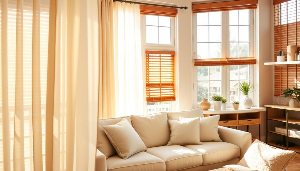 A serene living room interior featuring various window treatments designed for light control. In the foreground, showcase a stylish set of sheer curtains gently billowing in the breeze, complemented by adjustable wooden blinds. The middle ground displays a cozy sofa adorned with soft cushions, perfectly positioned near a large window where natural light pours in, creating a bright and airy atmosphere. The background includes a tastefully decorated shelf with plants and decorative objects. The scene is bathed in warm, soft sunlight, casting gentle shadows and enhancing the inviting mood. Capture the image from a slightly elevated angle to showcase the depth and design elements of the room, emphasizing comfort and elegance without any distractions.