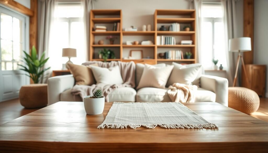A serene living room scene featuring a beautiful balance of natural wood elements and soft textiles. In the foreground, a smooth, polished wooden coffee table is adorned with a delicate, textured linen table runner and a small potted plant. The middle of the room showcases a cozy sofa draped with plush throw blankets in muted pastel hues, complemented by soft, inviting cushions. Behind, large windows let in bright, soft sunlight, illuminating the space and enhancing the warmth of wooden shelves loaded with books and decorative items. The overall atmosphere is calm and inviting, emphasizing the harmony between the rustic charm of wood and the softness of textiles, capturing a sense of tranquility and elegance in home décor.