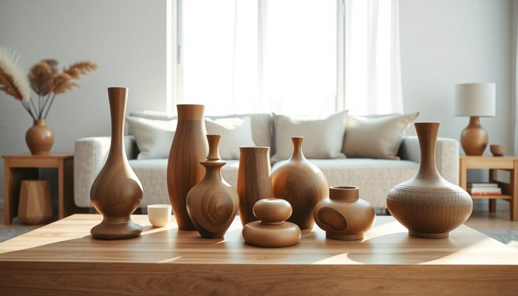 A serene living room scene featuring an array of beautifully crafted wooden decorative objects. In the foreground, elegant wooden vases and sculptures are arranged on a minimalist coffee table made of light-colored wood, reflecting soft sunlight. The middle ground presents a cozy, textured sofa adorned with light, neutral cushions, accented by subtle wooden details in the side tables. In the background, a large window invites bright, airy natural light, illuminating the space and casting gentle shadows. The overall mood is calm and inviting, emphasizing the warmth of wood in a stylish, contemporary setting. The composition is shot from a slightly elevated angle, enhancing the visual harmony and balance of the decor, all captured in rich, realistic detail.