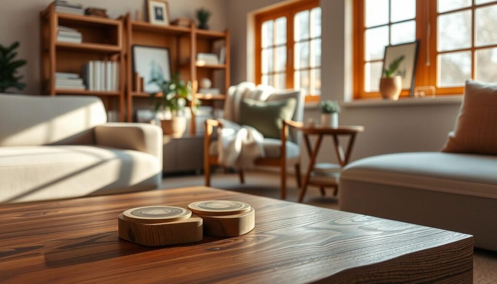 A serene living room scene showcasing various small wooden accents that embody timeless elegance. In the foreground, a beautifully crafted wooden coffee table with intricate grain patterns, set with a couple of minimalist wooden coasters. The middle ground features a cozy armchair draped with a soft, neutral-colored throw and a decorative wooden side table with a small potted plant. In the background, warm sunlight streams through large windows, illuminating a wooden shelf adorned with simple, rustic decor items like vintage books and framed art. The atmosphere is inviting and calm, with a hint of modern sophistication. The image should be well-lit, capturing the textures of the wood under soft, natural light, emphasizing the layered elements of the space from a slightly elevated angle.