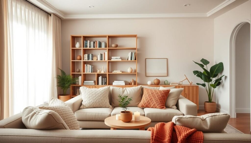 A serene living room showcasing a cozy color palette, emphasizing soft earthy tones like warm beige, muted greens, and gentle terracotta. In the foreground, a plush sofa with knitted throw pillows invites relaxation, surrounded by a small round coffee table adorned with candles and a potted plant. The middle ground features a stylish wooden bookshelf filled with books and decorative items, adding warmth and texture. The background reveals a large window draped with light, sheer curtains, allowing soft, diffused sunlight to fill the room, creating an inviting atmosphere. The overall mood is calm and soothing, illustrating how a harmonious color scheme can influence comfort and well-being. The scene is captured from a slightly elevated angle, providing a comprehensive view of the cozy setup. A serene living room showcasing a cozy color palette, emphasizing soft earthy tones like warm beige, muted greens, and gentle terracotta. In the foreground, a plush sofa with knitted throw pillows invites relaxation, surrounded by a small round coffee table adorned with candles and a potted plant. The middle ground features a stylish wooden bookshelf filled with books and decorative items, adding warmth and texture. The background reveals a large window draped with light, sheer curtains, allowing soft, diffused sunlight to fill the room, creating an inviting atmosphere. The overall mood is calm and soothing, illustrating how a harmonious color scheme can influence comfort and well-being. The scene is captured from a slightly elevated angle, providing a comprehensive view of the cozy setup.