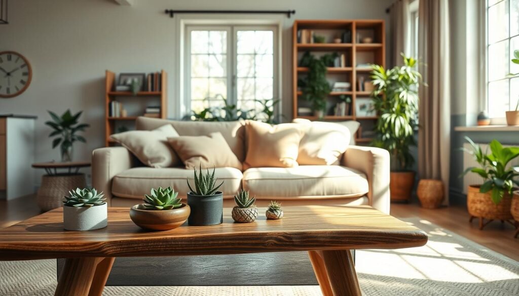 A serene living room that seamlessly integrates natural elements, showcasing a cozy atmosphere. In the foreground, a stylish wooden coffee table adorned with potted succulents and a small wooden bowl. In the middle, a plush, neutral-colored sofa filled with soft, earthy-toned cushions, positioned near a large window that lets in bright, diffused natural light, creating a warm ambiance. In the background, greenery peeks from a tall indoor plant, complemented by wooden shelves displaying books and decorative objects. The room features soft sunlight streaming in, enhancing the tranquil mood with airy, well-lit surroundings. Capture this scene with a slightly elevated angle, creating depth, while ensuring a realistic, lived-in feel, emphasizing comfort and timeless tranquility.