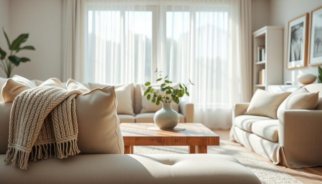 A serene living room with tranquil decor, featuring soft, neutral-toned furnishings such as a plush beige sofa adorned with pastel throw pillows. In the foreground, a cozy knitted blanket drapes over the armrest. The middle ground showcases a rustic wooden coffee table topped with a minimalist vase holding fresh greenery. A large window lets in bright, natural light, casting gentle shadows, while sheer white curtains flutter slightly. In the background, a subtle bookcase filled with soft-colored books and framed serene artwork completes the scene. The composition should embody a calm, inviting atmosphere, highlighted by soft sunlight and a warm, airy feel, captured from a slightly elevated angle for an inviting perspective.