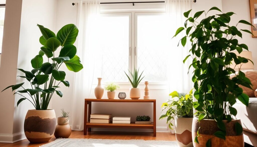 A serene living space featuring elegant floor plants and stylish designer planters, positioned in an inviting corner of a well-decorated room. In the foreground, a variety of lush green plants, including a tall fiddle leaf fig and cascading pothos, arranged in contemporary ceramic planters with unique textures. The middle ground showcases a decorative wooden side table, accentuated by tasteful home décor items like candles and small sculptures. In the background, a softly illuminated window allows bright natural light to pour in, creating a warm and airy atmosphere. The room embodies a calming ambiance, highlighting the harmony between wood and plant elements within a thoughtfully designed interior. The scene is shot from a low angle to emphasize the plants' height and beauty, capturing the essence of nature in home décor.