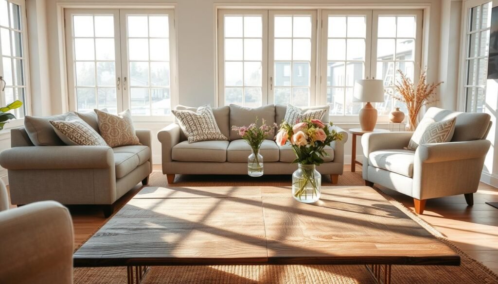 A serene lounge space featuring a cozy arrangement of soft, neutral-toned furniture, including a plush sofa adorned with textured throw pillows and a stylish armchair. The foreground showcases a rustic wooden coffee table decorated with a vase of fresh flowers. In the middle ground, a warm, inviting rug lies beneath the furniture, adding to the comfort of the scene. The background is filled with large windows allowing bright, diffused natural light to fill the room, creating an airy atmosphere. Soft sunlight casts gentle shadows across the space, enhancing the feeling of calm and relaxation. The overall mood is tranquil and inviting, ideal for fostering a sense of comfort and simplicity in a living room setting.