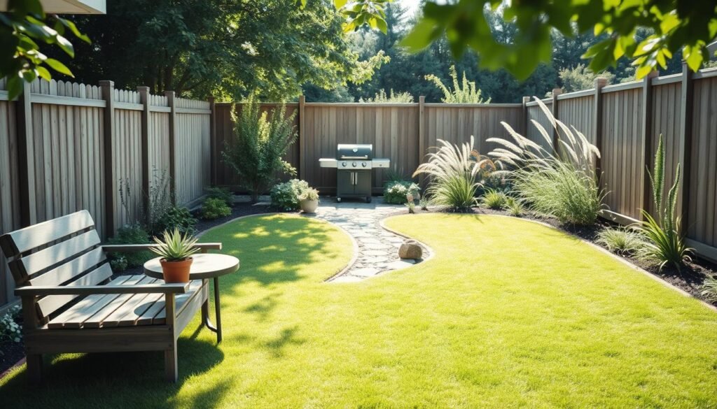 A serene low-maintenance backyard design featuring a neatly trimmed lawn with minimal flower beds, surrounded by a simple wooden fence. The foreground showcases a cozy seating area with a weathered wooden bench and a small, round table adorned with a potted succulent. In the middle, a pebble pathway leads to a compact outdoor grill, hinting at relaxed outdoor cooking. The background reveals a small herb garden bordered by low-maintenance shrubs and ornamental grasses that sway gently in a soft breeze. The scene is bathed in bright natural light, with soft sunlight filtering through leaves, creating an inviting yet peaceful atmosphere. The lens captures a wide-angle view, enhancing the spacious feel of the backyard, ideal for enjoying nature without excessive upkeep. A serene low-maintenance backyard design featuring a neatly trimmed lawn with minimal flower beds, surrounded by a simple wooden fence. The foreground showcases a cozy seating area with a weathered wooden bench and a small, round table adorned with a potted succulent. In the middle, a pebble pathway leads to a compact outdoor grill, hinting at relaxed outdoor cooking. The background reveals a small herb garden bordered by low-maintenance shrubs and ornamental grasses that sway gently in a soft breeze. The scene is bathed in bright natural light, with soft sunlight filtering through leaves, creating an inviting yet peaceful atmosphere. The lens captures a wide-angle view, enhancing the spacious feel of the backyard, ideal for enjoying nature without excessive upkeep.