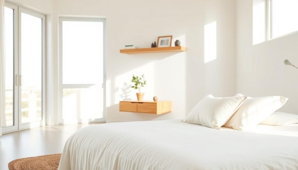 A serene minimalist bedroom design highlighting mental clarity. In the foreground, a neatly made bed with crisp white linens and a single elegant throw pillow, complemented by a soft, natural fiber rug. The middle layer features a simple wooden nightstand with a small potted plant and a minimalist lamp, both adding a touch of greenery. In the background, large windows allow bright, soft sunlight to flood the room, illuminating light-colored walls and a few select decorative items on a floating shelf. The atmosphere is calm and airy, promoting relaxation and tranquility, viewed from a slightly elevated angle to capture the spaciousness and inviting feel of the room.