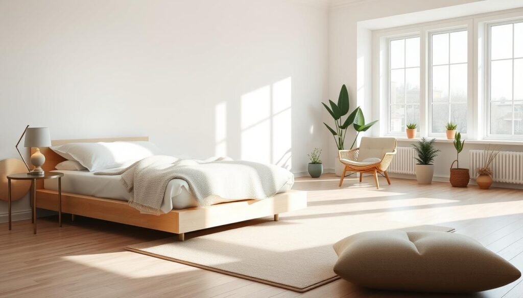 A serene minimalist bedroom featuring a simple, low-profile platform bed adorned with crisp white linens and a soft, textured throw blanket. In the foreground, a small, elegant bedside table holds a modern lamp with a warm glow. The middle of the room showcases a gentle area rug defining the space, coupled with a comfortable reading chair in soft, neutral tones. The background reveals large windows allowing bright, natural light to flood the room, illuminating the light wood floors and soft wall colors. A few carefully selected potted plants add a touch of greenery, enhancing the peaceful atmosphere. The composition should evoke tranquility and simplicity, with soft sunlight enhancing the airy, well-lit feel of the space. Capture the scene from a slightly elevated angle for a comprehensive view. A serene minimalist bedroom featuring a simple, low-profile platform bed adorned with crisp white linens and a soft, textured throw blanket. In the foreground, a small, elegant bedside table holds a modern lamp with a warm glow. The middle of the room showcases a gentle area rug defining the space, coupled with a comfortable reading chair in soft, neutral tones. The background reveals large windows allowing bright, natural light to flood the room, illuminating the light wood floors and soft wall colors. A few carefully selected potted plants add a touch of greenery, enhancing the peaceful atmosphere. The composition should evoke tranquility and simplicity, with soft sunlight enhancing the airy, well-lit feel of the space. Capture the scene from a slightly elevated angle for a comprehensive view.