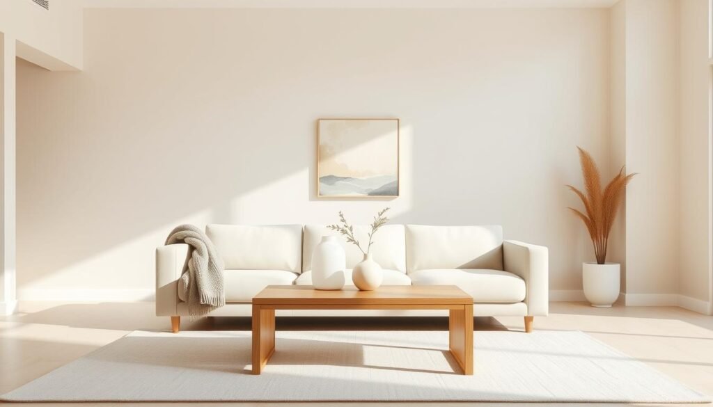 A serene minimalist living room featuring a soft beige palette. In the foreground, a low-profile, light-colored sofa with a simple, chic design sits comfortably placed against a pale wall. A single textured throw blanket is neatly draped over one arm. In the middle, a sleek wooden coffee table holds a small potted plant and a minimalist vase, enhancing the uncluttered aesthetic. Natural light streams in through a large window, casting gentle shadows and highlighting the room's clean lines. In the background, a piece of abstract wall art adds a pop of interest without overwhelming the space. The atmosphere is calm and inviting, showcasing the beauty of simplicity and thoughtful design.