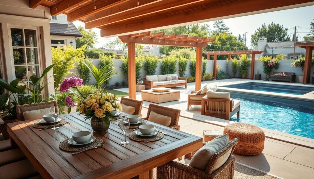 A serene multi-functional outdoor entertaining space designed for comfort and relaxation. In the foreground, a stylish wooden dining table adorned with elegant tableware and a vase of fresh flowers invites gatherings. Surrounding the table, plush, comfortable chairs and a soft, inviting outdoor rug add warmth. In the middle ground, a cozy lounge area features a sectional sofa with neutral cushions, an accompanying fire pit, and ambient string lights creating a magical atmosphere. Lush greenery and flowering plants breathe life into the scene, while a wooden pergola provides shade. In the background, a sparkling swimming pool reflects bright natural light, enhancing the inviting ambiance. The scene is bathed in soft sunlight, creating a tranquil mood, captured with a wide-angle lens for depth and clarity.