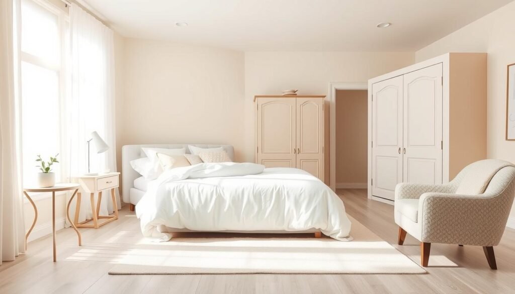 A serene neutral bedroom design featuring soft beige walls and a light wood floor, illuminated by bright natural light filtering through sheer white curtains. In the foreground, a cozy queen-size bed with fluffy white linens and an array of pastel-colored pillows creates an inviting focal point. A minimalist bedside table holds a small potted plant and a stylish lamp. The middle ground showcases a delicate area rug and a plush armchair with a knitted throw, adding warmth. In the background, a simple, elegantly designed wardrobe complements the overall aesthetic. The atmosphere conveys a light and airy feel, evoking comfort and tranquility. The room is devoid of any text or clutter, focusing solely on the harmonious color palette and cozy elements that enhance the light-filled space.