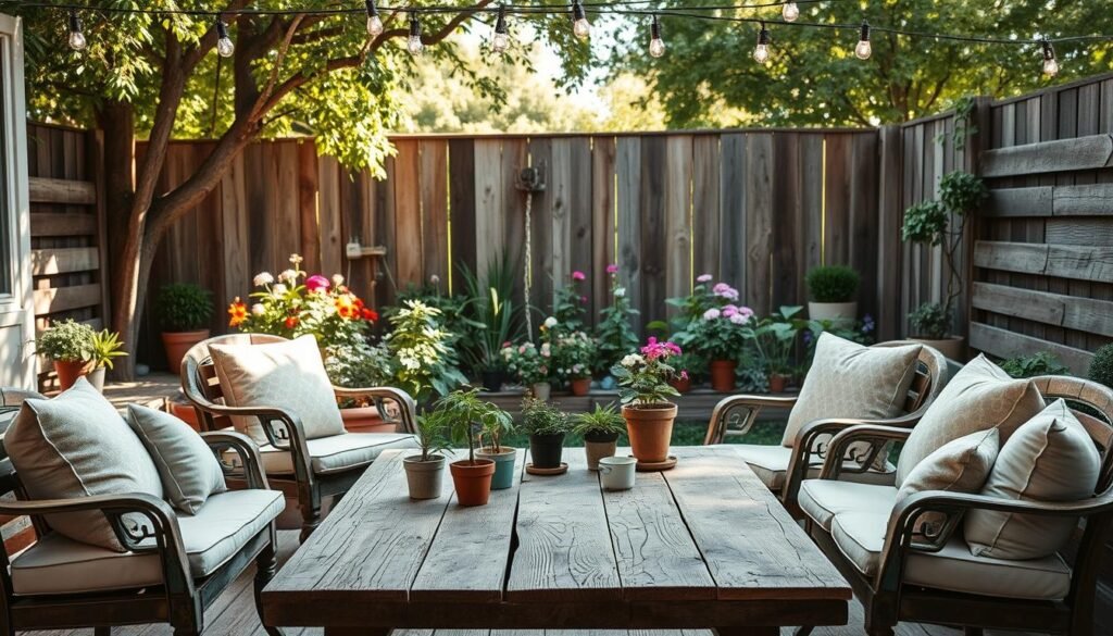 A serene outdoor living space featuring cozy furniture made from upcycled materials. In the foreground, a weathered wooden table surrounded by plush cushions on vintage chairs, adorned with potted plants and handmade decor. In the middle, a vibrant garden filled with flowering plants and hanging lights strung above, creating an inviting atmosphere. The background showcases a rustic fence made of reclaimed wood, with soft natural light filtering through the leaves of nearby trees. The scene is captured in bright, airy daylight with a focus on the textures of the materials, conveying a calm and comfortable ambiance. The overall mood is relaxed and welcoming, emphasizing sustainable living and creativity in design.