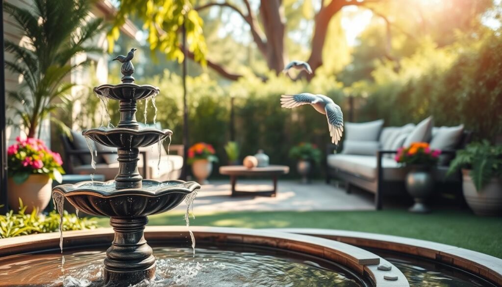 A serene outdoor room featuring a sophisticated bird fountain as the focal point, surrounded by lush greenery and colorful flowers. In the foreground, the gently cascading water from the fountain creates a soothing sound. The middle ground showcases comfortable seating with elegant cushions, inviting relaxation. Flanking the seating area are carefully arranged potted plants and decorative stones, adding to the charm. In the background, soft sunlight filters through the trees, casting delicate shadows on the ground, enhancing the tranquil atmosphere. The scene is captured with a shallow depth of field, emphasizing the intimate feel of this outdoor space while maintaining a bright and airy ambiance, evoking a sense of purpose and comfort in outdoor living. A serene outdoor room featuring a sophisticated bird fountain as the focal point, surrounded by lush greenery and colorful flowers. In the foreground, the gently cascading water from the fountain creates a soothing sound. The middle ground showcases comfortable seating with elegant cushions, inviting relaxation. Flanking the seating area are carefully arranged potted plants and decorative stones, adding to the charm. In the background, soft sunlight filters through the trees, casting delicate shadows on the ground, enhancing the tranquil atmosphere. The scene is captured with a shallow depth of field, emphasizing the intimate feel of this outdoor space while maintaining a bright and airy ambiance, evoking a sense of purpose and comfort in outdoor living.