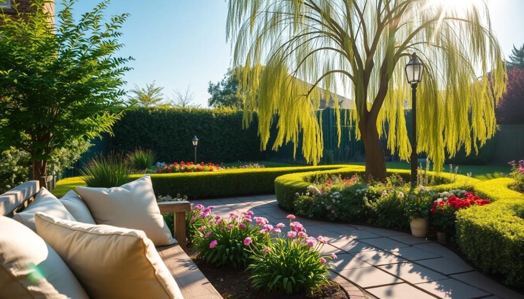 A serene outdoor sanctuary featuring a cozy seating area surrounded by lush greenery. In the foreground, a rustic wooden bench adorned with soft, neutral cushions invites relaxation. The middle ground showcases vibrant flowerbeds with a variety of colorful blooms alongside neatly trimmed hedges. In the background, a gentle willow tree sways in the soft breeze, filtering warm sunlight that creates playful patterns on the ground. The scene is bathed in bright, natural light, with soft rays highlighting the colors and textures, enhancing the peaceful atmosphere. A clear blue sky completes the idyllic setting, conveying a sense of tranquility and harmony, perfect for a peaceful retreat.