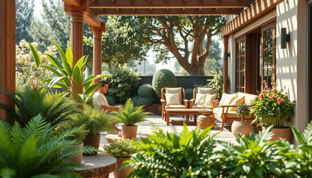 A serene outdoor scene showcasing an array of lush green plants and wooden accents that seamlessly connect indoor and outdoor spaces. In the foreground, a variety of vibrant potted plants, like ferns and succulents, are placed on rustic wooden tables. The middle layer features an inviting patio area, adorned with elegant wooden furniture and warm cushions, bathed in soft sunlight creating a welcoming atmosphere. In the background, tall leafy trees and flowering shrubs frame the space, adding depth to the scene. The entire composition is captured with a wide-angle lens, emphasizing the harmony between nature and crafted décor. The mood is tranquil and rejuvenating, inviting viewers to envision a perfect blend of indoor comfort and outdoor beauty. A serene outdoor scene showcasing an array of lush green plants and wooden accents that seamlessly connect indoor and outdoor spaces. In the foreground, a variety of vibrant potted plants, like ferns and succulents, are placed on rustic wooden tables. The middle layer features an inviting patio area, adorned with elegant wooden furniture and warm cushions, bathed in soft sunlight creating a welcoming atmosphere. In the background, tall leafy trees and flowering shrubs frame the space, adding depth to the scene. The entire composition is captured with a wide-angle lens, emphasizing the harmony between nature and crafted décor. The mood is tranquil and rejuvenating, inviting viewers to envision a perfect blend of indoor comfort and outdoor beauty.