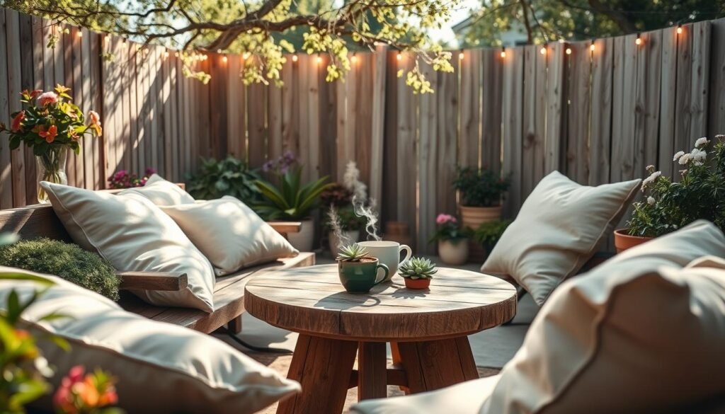 A serene outdoor scene showcasing comfortable seating in a backyard sanctuary. In the foreground, plush, oversized cushions in soft neutral tones adorn a rustic wooden bench, surrounded by potted plants and flowering shrubs. In the middle, a round coffee table made of reclaimed wood holds a steaming mug and a few beautifully arranged succulents. The background features a softly rendered wooden fence draped with fairy lights, casting a warm glow. Bright natural light filters through delicate tree branches, creating dappled shadows on the patio. The atmosphere is inviting and tranquil, perfect for relaxation. Capture the scene at a slight angle, using a close-up perspective to emphasize the textures and inviting arrangement of the seating area.