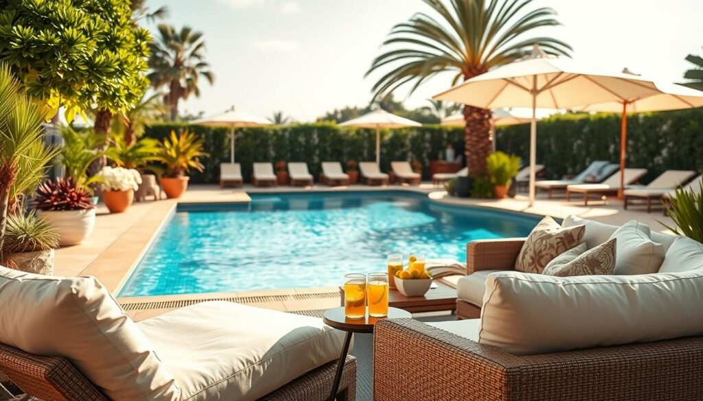 A serene poolside scene featuring a beautifully designed outdoor lounge area that invites relaxation. In the foreground, plush, oversized lounge chairs and a stylish outdoor sofa with soft cushions create a welcoming space, accompanied by a small side table holding refreshing beverages. The middle ground showcases a shimmering swimming pool, surrounded by tastefully arranged greenery and colorful potted plants. In the background, a bright, sunlit patio with elegant umbrellas casts dappled light over the space. The overall atmosphere is tranquil and inviting, evoking the feel of a luxury resort. Capture this scene in soft, warm lighting, emphasizing the bright natural light and airy ambiance, from a slightly elevated angle to highlight the design elements and create depth in the composition. A serene poolside scene featuring a beautifully designed outdoor lounge area that invites relaxation. In the foreground, plush, oversized lounge chairs and a stylish outdoor sofa with soft cushions create a welcoming space, accompanied by a small side table holding refreshing beverages. The middle ground showcases a shimmering swimming pool, surrounded by tastefully arranged greenery and colorful potted plants. In the background, a bright, sunlit patio with elegant umbrellas casts dappled light over the space. The overall atmosphere is tranquil and inviting, evoking the feel of a luxury resort. Capture this scene in soft, warm lighting, emphasizing the bright natural light and airy ambiance, from a slightly elevated angle to highlight the design elements and create depth in the composition.