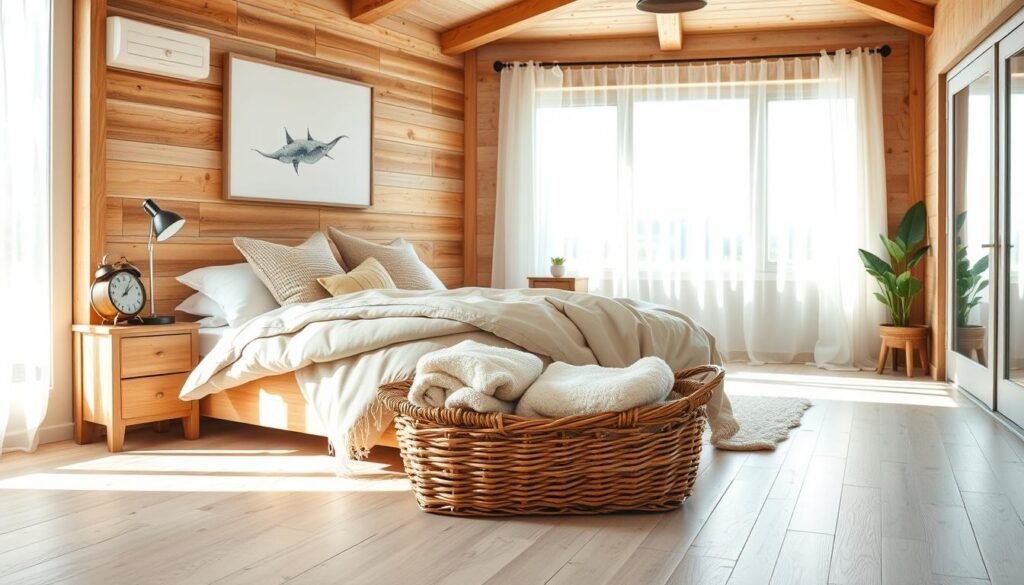 A serene rustic modern bedroom featuring a warm wooden bed frame with soft, neutral bedding, surrounded by textured pillows. In the foreground, a woven basket holds cozy blankets. The middle ground showcases a wooden nightstand with a vintage alarm clock and a small potted plant. The walls are adorned with rustic wood panels and a simple abstract artwork, reflecting a farmhouse style. In the background, large windows allow bright natural light to filter in, casting gentle shadows, while sheer curtains flutter softly. The flooring has a light, weathered wood finish. The atmosphere is calm and inviting, perfect for rest and relaxation, captured with a wide-angle lens to emphasize spaciousness and balance in composition.