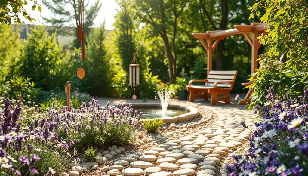 A serene sensory garden designed for mindfulness and relaxation. In the foreground, a winding pathway made of smooth pebbles leads through vibrant flower beds filled with lavender and chamomile. Delicate wind chimes dangle from a rustic wooden trellis, softly clinking in the light breeze. In the middle ground, a small water feature captures sunlight, with playful splashes creating a soothing ambiance; nearby, a cozy seating area with natural wood benches invites reflection. The background showcases lush green plants and trees, with sun rays filtering gently through leaves, casting soft shadows on the ground. The atmosphere is tranquil and inviting, evoking peace and reconnection with nature, under bright natural light and soft sunlight, emphasizing a calm, restorative experience.