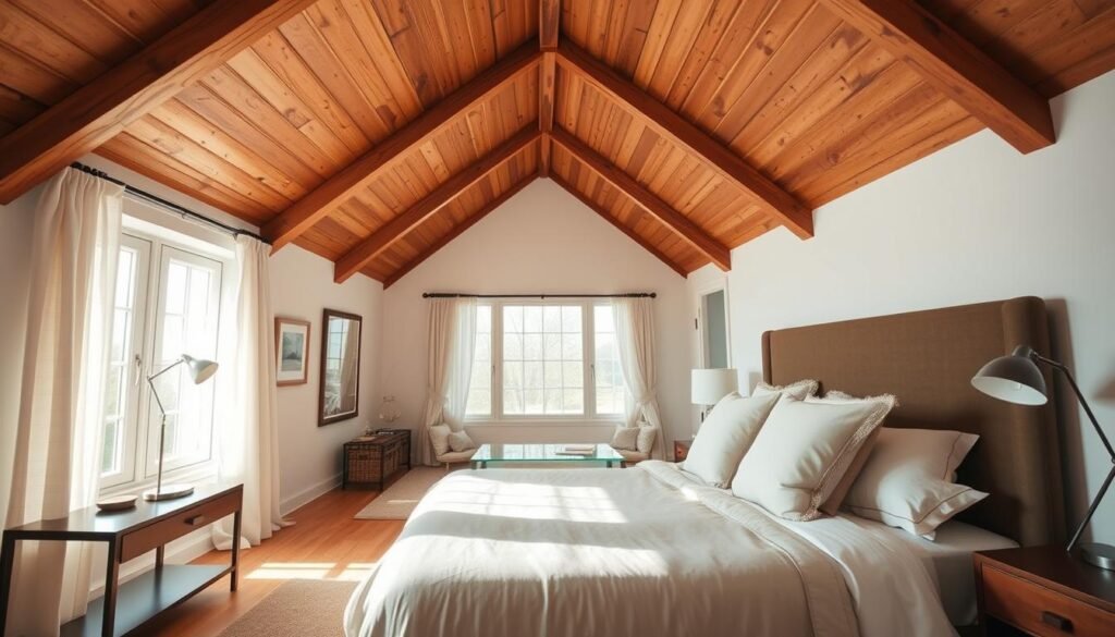 A serene vaulted ceiling bedroom design, showcasing wooden beams that gracefully arch overhead. In the foreground, a plush king-size bed adorned with soft, neutral linens and layered with cozy throw pillows invites relaxation. A stylish bedside table holds a modern lamp, casting gentle light across the room. The middle of the image features a spacious layout with an inviting reading nook by a large window, allowing natural light to fill the space. Soft, breathable curtains sway slightly in the breeze, enhancing the airy atmosphere. In the background, the vaulted ceiling emphasizes height and openness, while warm-toned wooden flooring adds a touch of rustic charm. The overall mood is calm and welcoming, perfect for a timeless cozy retreat, captured with bright, natural lighting, inviting a sense of comfort and serenity.