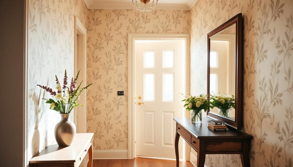 A small entryway featuring a beautifully wallpapered wall, adorned with a subtle, elegant floral pattern in warm tones of cream, beige, and soft greens. In the foreground, a stylish console table with a wooden finish holds a decorative vase with fresh flowers, adding a touch of life. On the middle ground, a pair of framed mirrors reflect the inviting atmosphere, enhancing the sense of space and light. The background showcases a soft, neutral-colored door, partially open, letting in bright natural light that creates a warm, airy ambiance. The scene is bathed in soft sunlight, highlighting the textures of the wallpaper and the furniture. The overall mood is cozy, welcoming, and effortlessly stylish, illustrating a perfect wall transformation without the need for renovation.